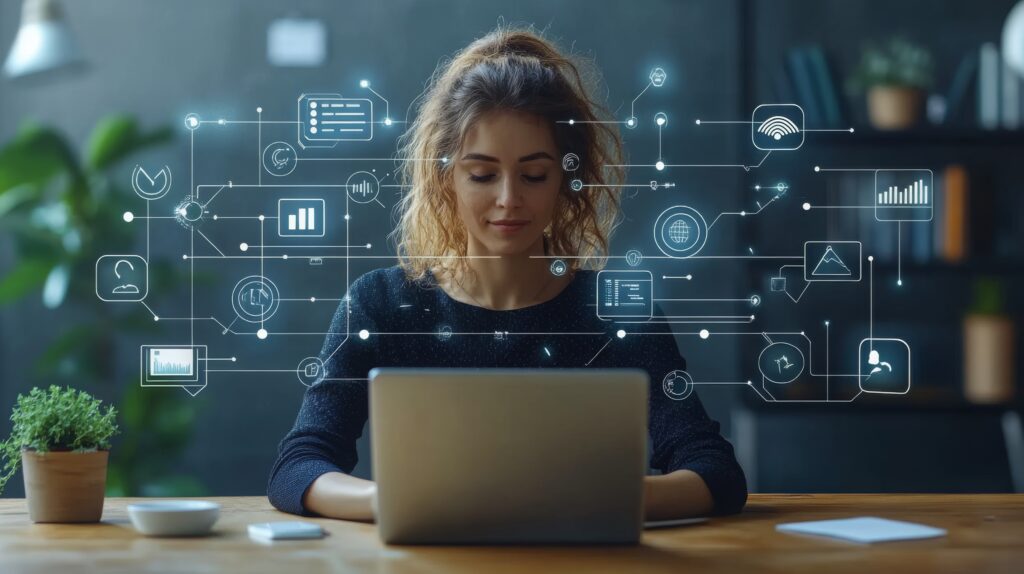 A participant engages in virtual networking, utilizing online tools and data visualization in a cozy workspace, enhancing professional connections.