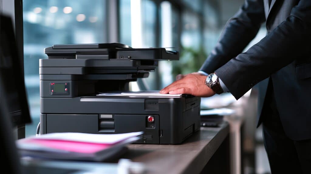 Business professional using a multifunction scanner in a modern office, illustrating efficient and automated document capture
