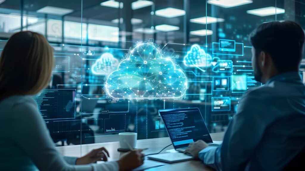 A high tech office setting with a team of professionals discussing cloud computing strategies and digital communication solutions on interactive digital whiteboards