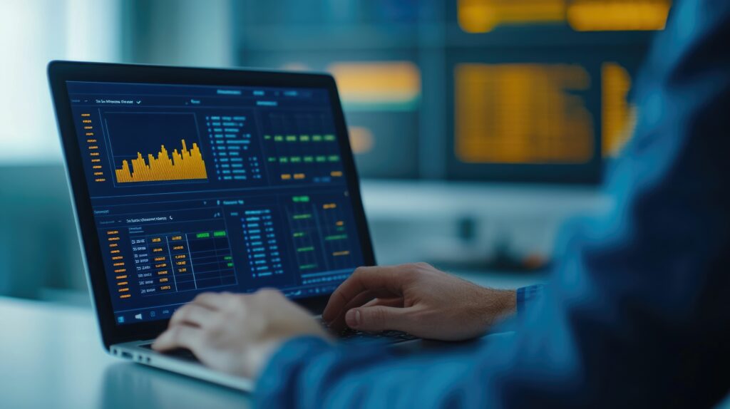 Business leader or executive closely examining key performance indicator KPI dashboards and analytics displayed on laptop screen