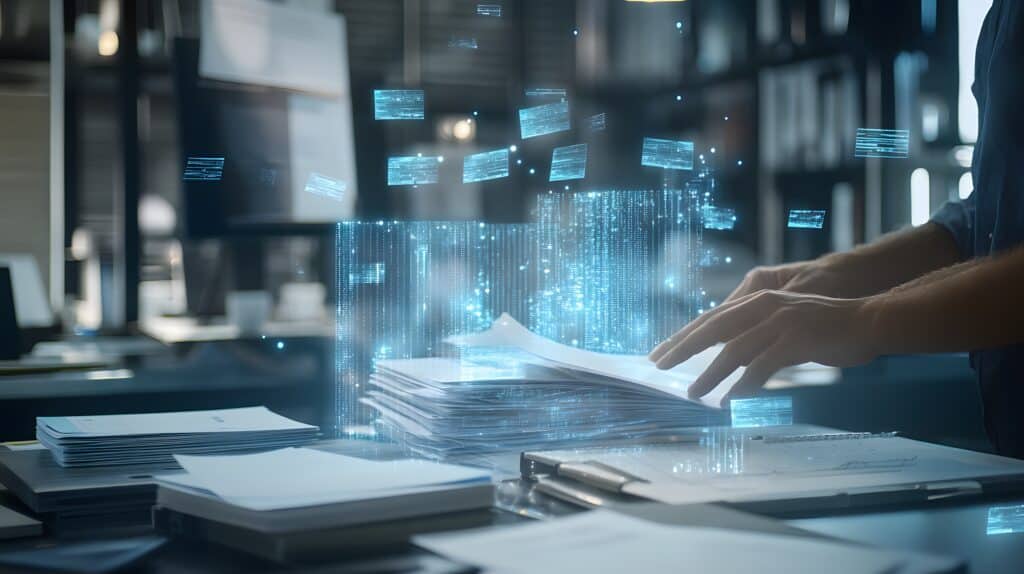 Hands scanning paper documents with digital data being extracted and converted into electronic files