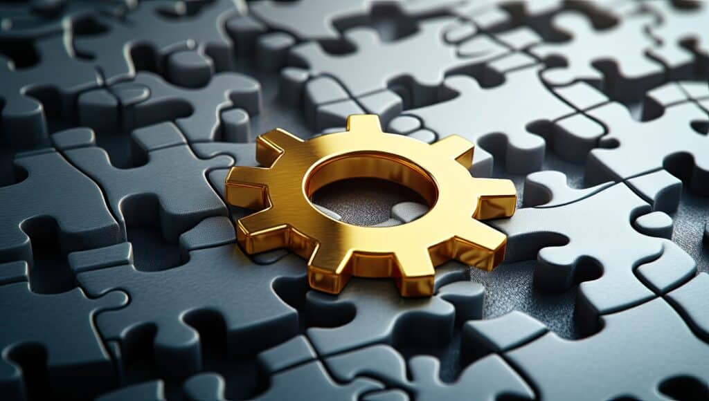 A golden gear-shaped piece stands out among the gray puzzle pieces in the background, symbolizing its importance in a business or technology concept