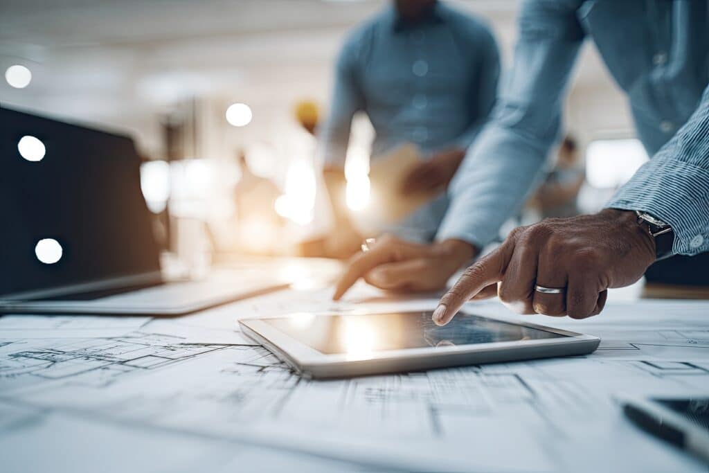 Close-up view of a team of people reviewing design plans using a tablet computer. The image shows hands interacting with a tablet displaying project blueprints or design drawings on a table in an office environment.
