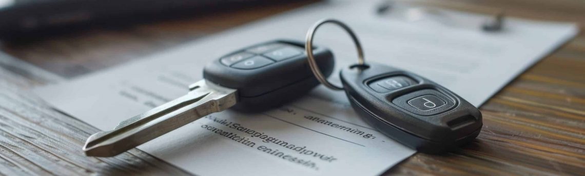Close-up of car keys on wooden table with paperwork, illustrating vehicle ownership or transaction.