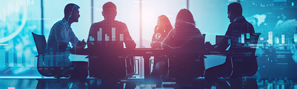 Corporate team strategizing in a collaborative meeting with digital technology tools for advanced marketing data analysis and informed investment decision-making in a modern business environment