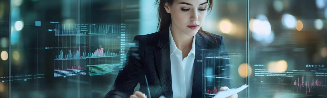 Businesswoman Analyzing Financial Data with Charts and Graphs